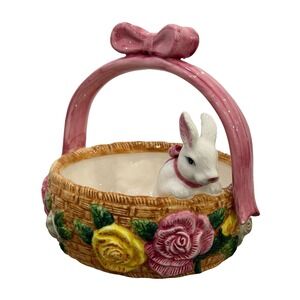 Ceramic Easter Bunny Basket Pink Bow Floral Accents Hand Painted 8" T X 8.25" W